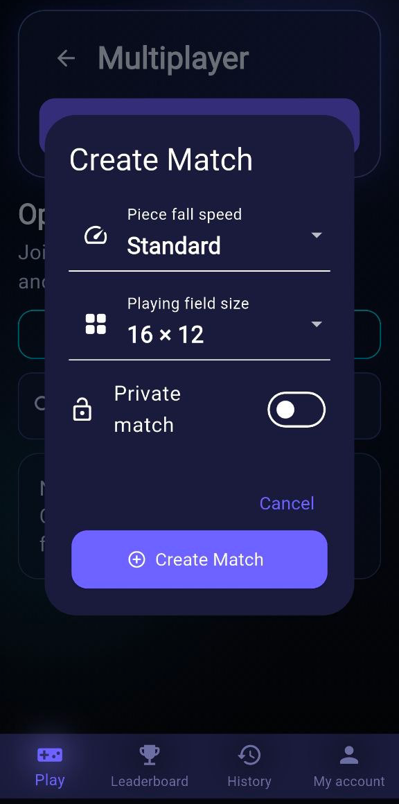 Block battle match history with recent wins, losses, duration, and completed lines