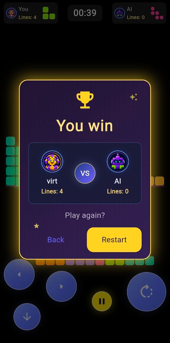 Block battle match history with recent wins, losses, duration, and completed lines