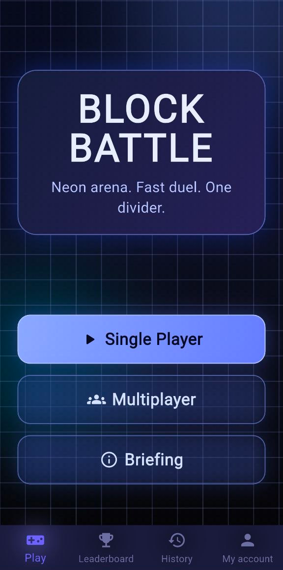 Block battle main menu with single-player and multiplayer options
